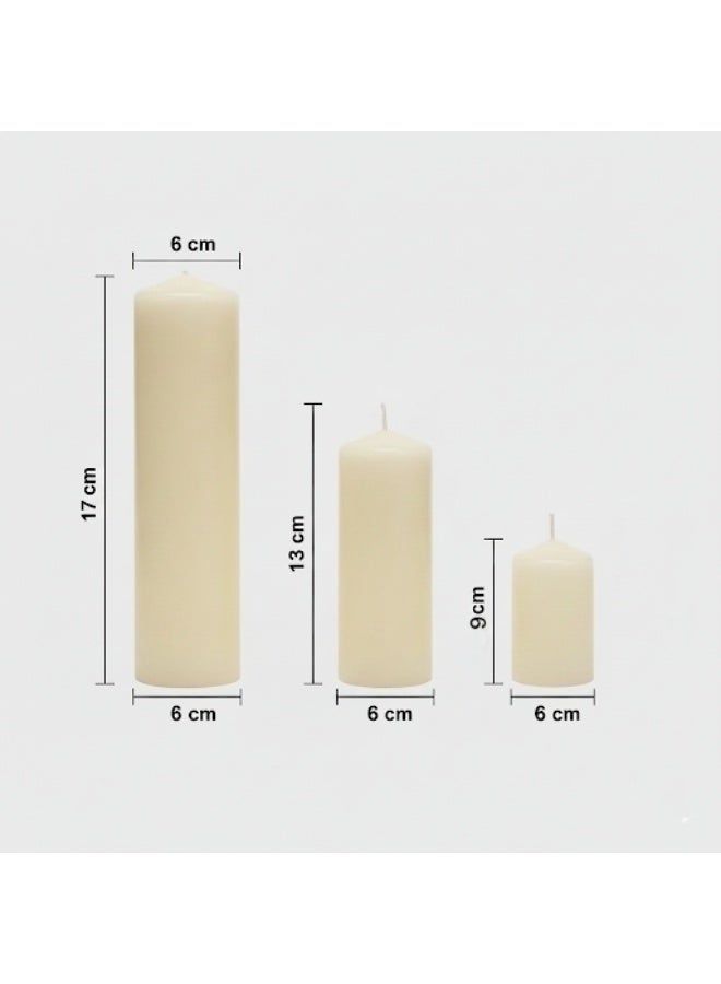 فيندكس مجموعة شموع فاخرة ثلاثية - ارتفاعات 17 سم، 13 سم، 9 سم | قطر 6 سم | شموع بيضاء فاخرة غير معطرة لتزيين المنزل، غرفة المعيشة والمناسبات | تدوم طويلاً وبدون دخان (مجموعة من 3 قطع) - Image 3