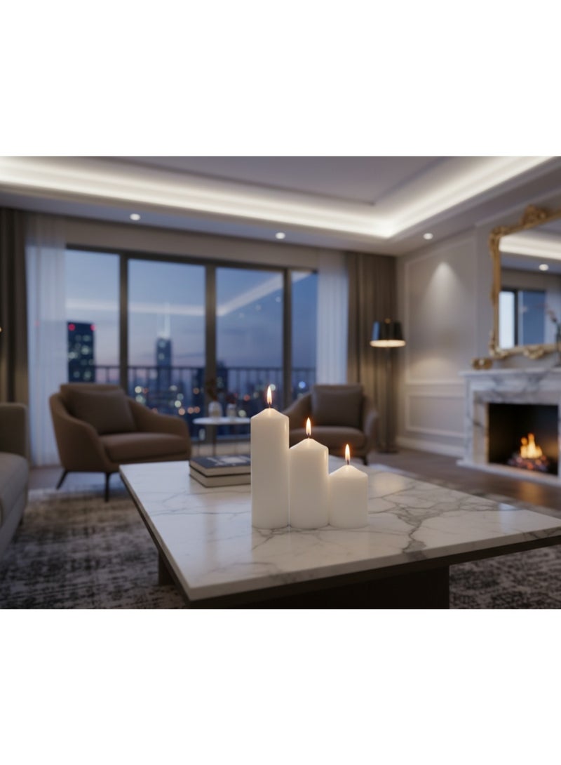 فيندكس مجموعة شموع فاخرة ثلاثية - ارتفاعات 17 سم، 13 سم، 9 سم | قطر 6 سم | شموع بيضاء فاخرة غير معطرة لتزيين المنزل، غرفة المعيشة والمناسبات | تدوم طويلاً وبدون دخان (مجموعة من 3 قطع) - Image 2