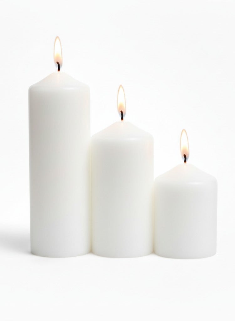 فيندكس مجموعة شموع فاخرة ثلاثية - ارتفاعات 17 سم، 13 سم، 9 سم | قطر 6 سم | شموع بيضاء فاخرة غير معطرة لتزيين المنزل، غرفة المعيشة والمناسبات | تدوم طويلاً وبدون دخان (مجموعة من 3 قطع) - Image 1
