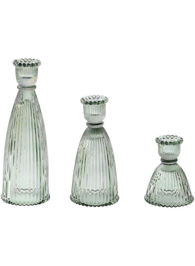 Hihonor Vertical Stripe Candlestick Holders Set of 3, Premium Glass Candle Holders for Candlesticks and Taper Candles, Vintage Candle Holder Decor for Table Centerpiece, Green  - Image 2
