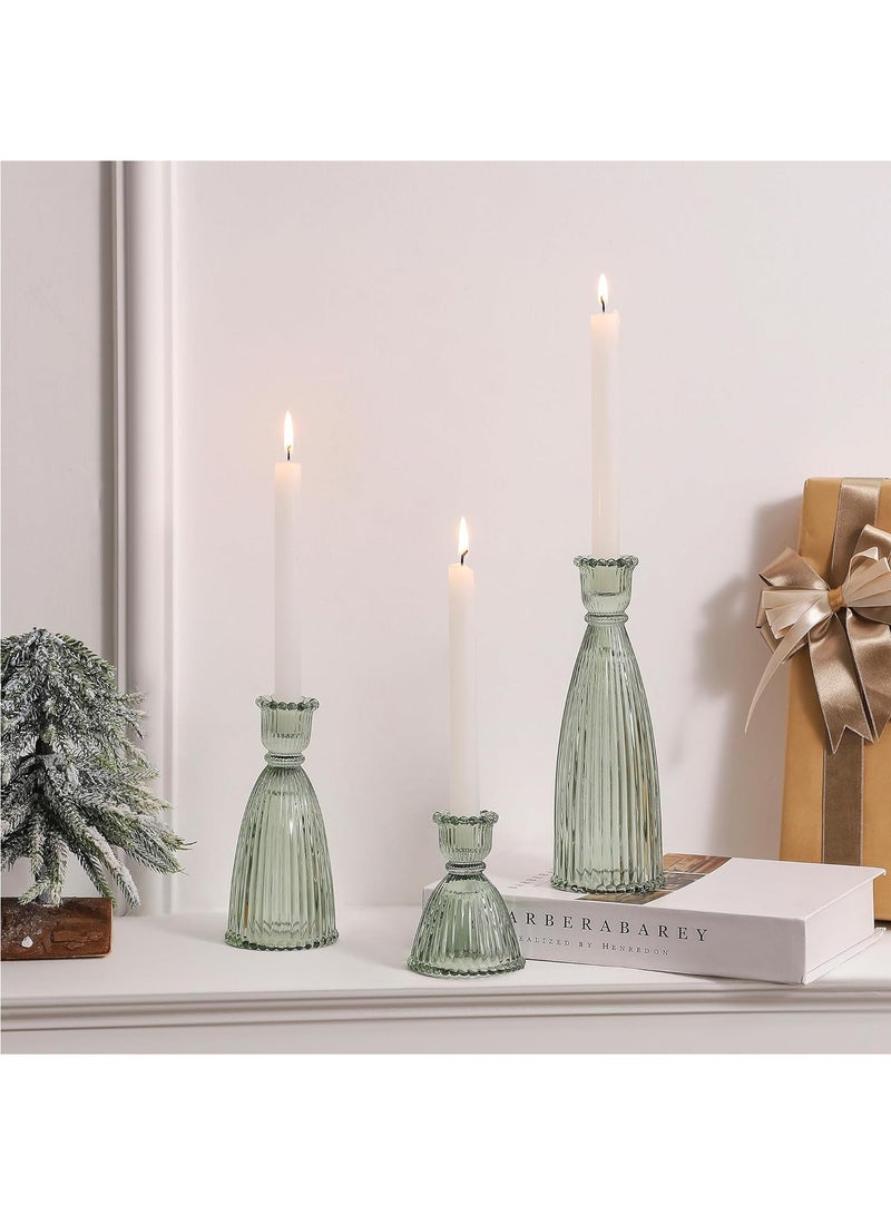 Hihonor Vertical Stripe Candlestick Holders Set of 3, Premium Glass Candle Holders for Candlesticks and Taper Candles, Vintage Candle Holder Decor for Table Centerpiece, Green  - Image 1