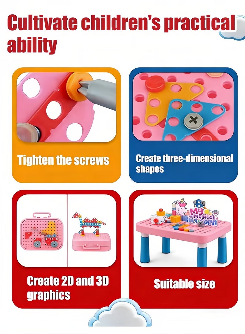 MLADEN مجموعة بناء مكونة من 351 قطعة باستخدام مثقاب كهربائي، لعبة بناء تعليمية تتضمن مفك براغي، مكعبات قابلة للفك وصندوق تخزين - أحجية إبداعية للأطفال بتصميم وحيد القرن - Image 4
