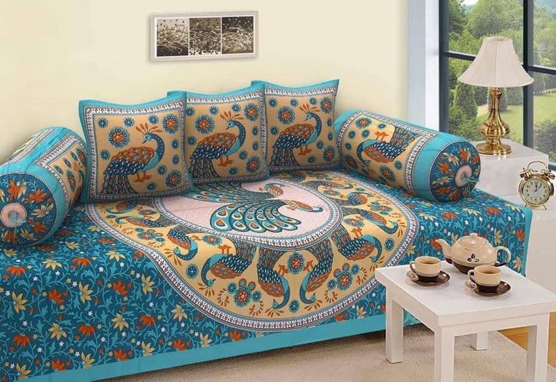 UrbanArts 100% Pure Cotton Jaipuri Diwan Set of 6 Pcs (1 Bedsheet, 2 Bolster Cover, 3 Cushion Cover) | Cotton Diwan Set for Drawing Room, Living Room and Bedroom, Style-14 - Image 3