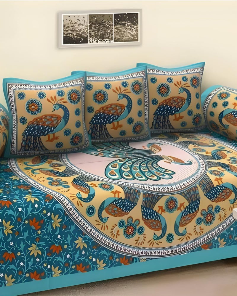 UrbanArts 100% Pure Cotton Jaipuri Diwan Set of 6 Pcs (1 Bedsheet, 2 Bolster Cover, 3 Cushion Cover) | Cotton Diwan Set for Drawing Room, Living Room and Bedroom, Style-14 - Image 2
