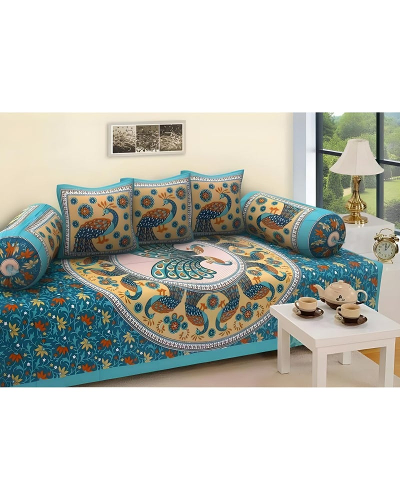 UrbanArts 100% Pure Cotton Jaipuri Diwan Set of 6 Pcs (1 Bedsheet, 2 Bolster Cover, 3 Cushion Cover) | Cotton Diwan Set for Drawing Room, Living Room and Bedroom, Style-14 - Image 1
