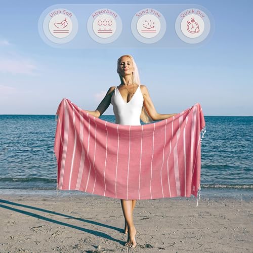 Ossano Cute Beach Towel - Quick Dry & Sand Free, Oversized (39" x 71"), Versatile, Perfect as Yoga Mat, Pool Towel, Turkish Towel, or Picnic Blanket - Coral - Image 2