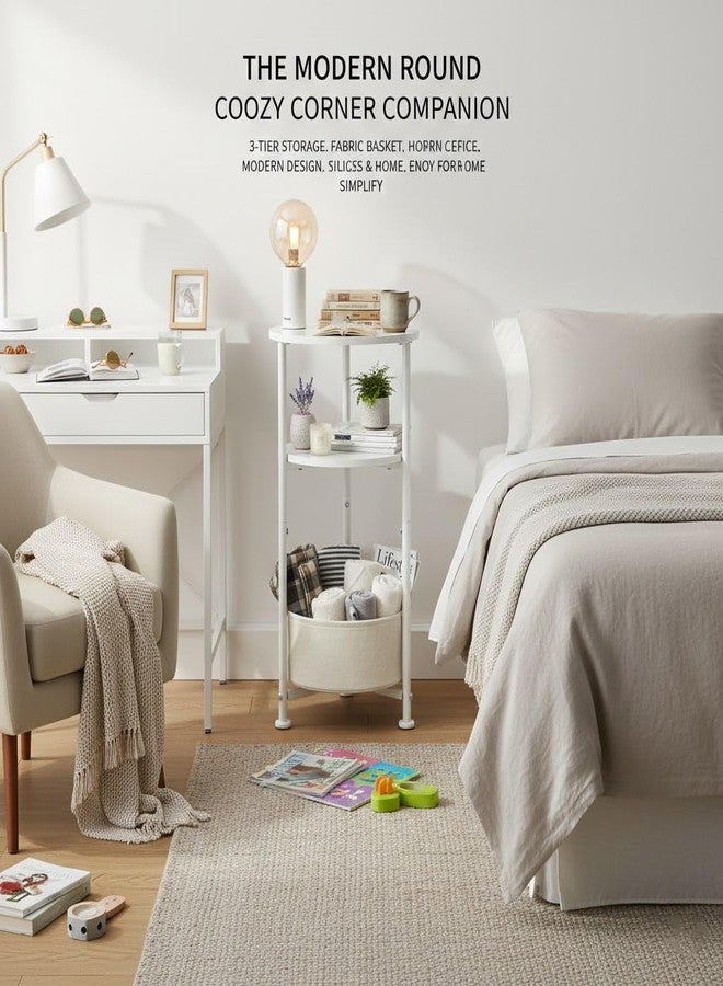 ZEXVIDA Small Round Side Table with Storage Basket, 3-Tier Narrow End Table Nightstand for Living Room Bedroom, 11.8" Diameter Modern Bedside Table for Small Spaces, Wood Grain & Metal Frame (White) - Image 4