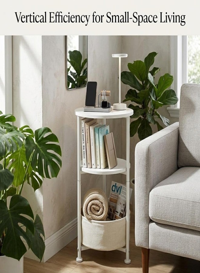 ZEXVIDA Small Round Side Table with Storage Basket, 3-Tier Narrow End Table Nightstand for Living Room Bedroom, 11.8" Diameter Modern Bedside Table for Small Spaces, Wood Grain & Metal Frame (White) - Image 5
