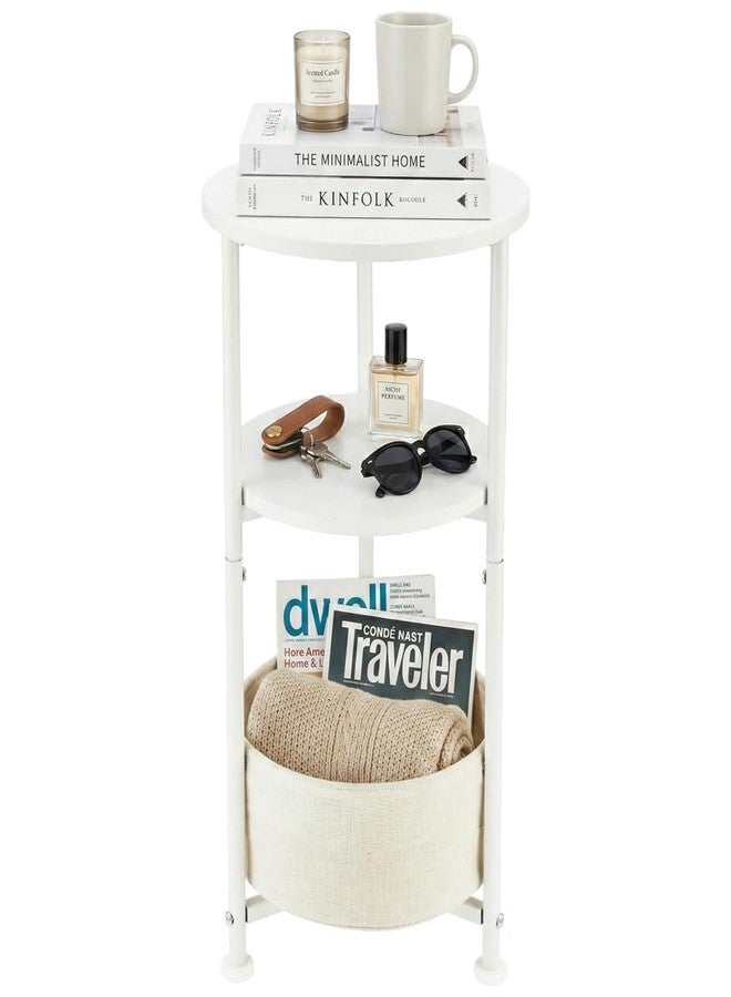 ZEXVIDA Small Round Side Table with Storage Basket, 3-Tier Narrow End Table Nightstand for Living Room Bedroom, 11.8" Diameter Modern Bedside Table for Small Spaces, Wood Grain & Metal Frame (White) - Image 1