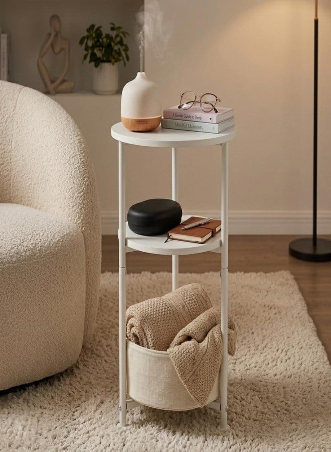 ZEXVIDA Small Round Side Table with Storage Basket, 3-Tier Narrow End Table Nightstand for Living Room Bedroom, 11.8" Diameter Modern Bedside Table for Small Spaces, Wood Grain & Metal Frame (White) - Image 2