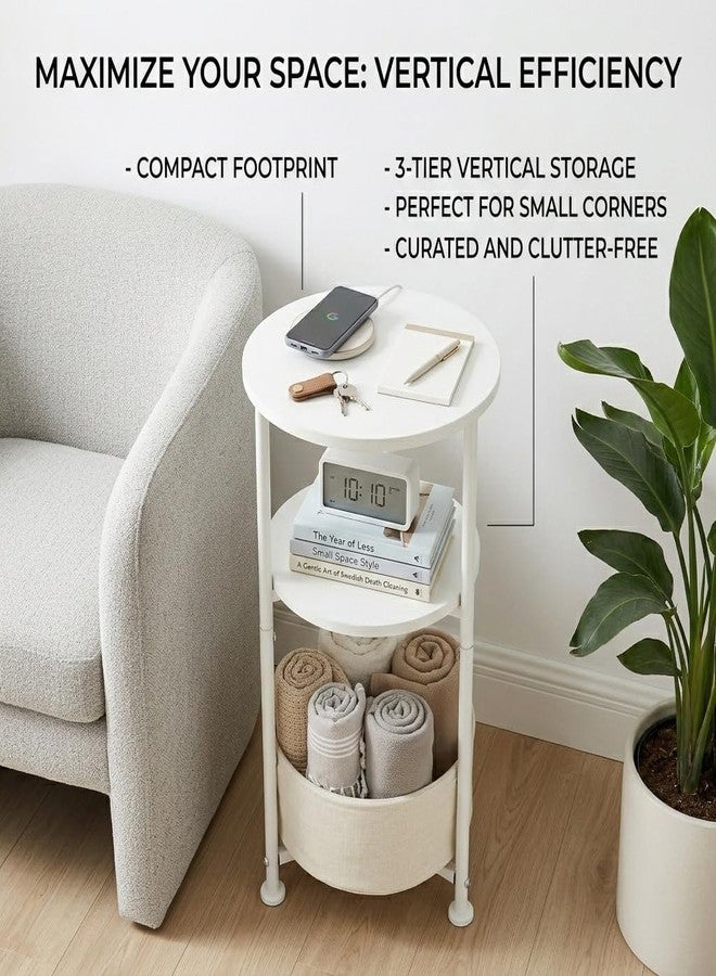 ZEXVIDA Small Round Side Table with Storage Basket, 3-Tier Narrow End Table Nightstand for Living Room Bedroom, 11.8" Diameter Modern Bedside Table for Small Spaces, Wood Grain & Metal Frame (White) - Image 3