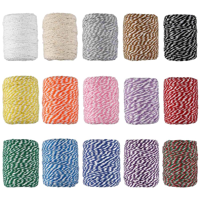 HULISEN Colorful Bakers Twine 15 Rolls 2mm 3 Strands Cotton String for Cooking Artworks DIY Crafts Plant Hanger and Embellishments Festive Twine for Gift Wrapping Each 164 Feet