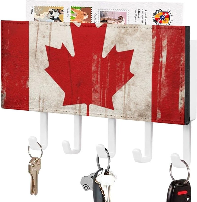 حامل مفاتيح حائطي بعلم كندا بأسلوب رجعي مع 5 خطاطيف، منظف مفاتيح من جلد البولي يوريثان، وحدة تخزين للمدخل - Image 2