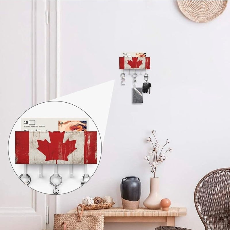 حامل مفاتيح حائطي بعلم كندا بأسلوب رجعي مع 5 خطاطيف، منظف مفاتيح من جلد البولي يوريثان، وحدة تخزين للمدخل - Image 5