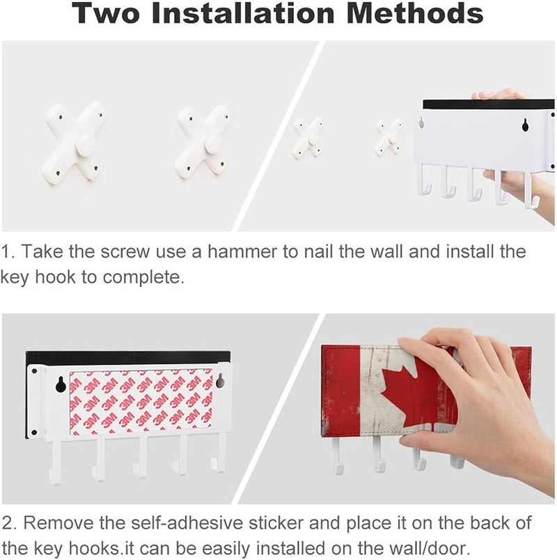حامل مفاتيح حائطي بعلم كندا بأسلوب رجعي مع 5 خطاطيف، منظف مفاتيح من جلد البولي يوريثان، وحدة تخزين للمدخل - Image 4