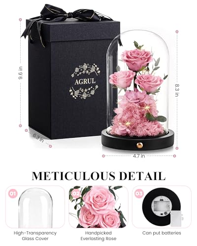 Agrul Mothers Day Flowers Roses Gifts for Mom,Forever Preserved Flower Rose in Glass Dome Fresh Flowers for Delivery Mothers Day Roses Gifts for Wife Women Mom Grandma from Daughter/Pink Rose - Image 4
