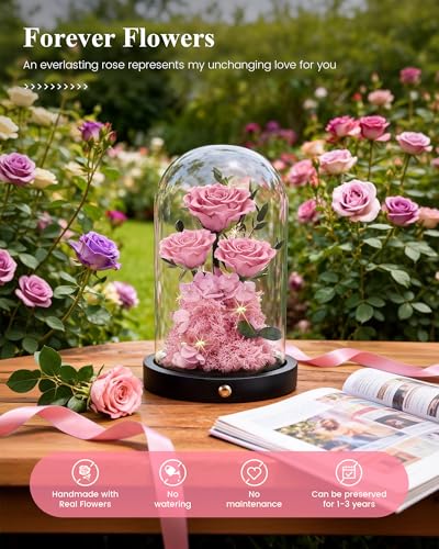Agrul Mothers Day Flowers Roses Gifts for Mom,Forever Preserved Flower Rose in Glass Dome Fresh Flowers for Delivery Mothers Day Roses Gifts for Wife Women Mom Grandma from Daughter/Pink Rose - Image 3
