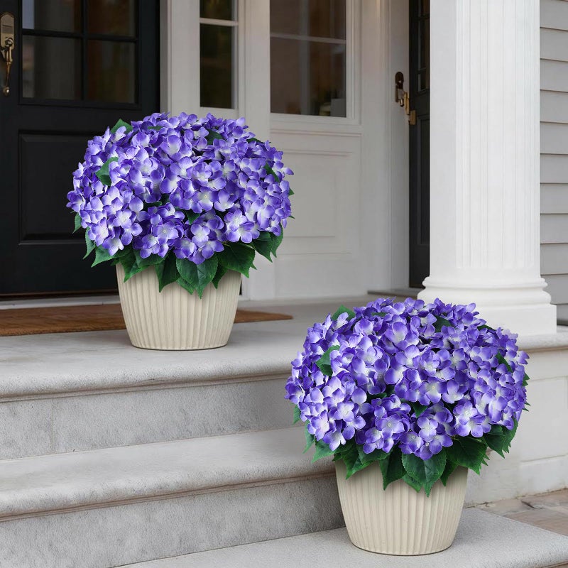 FOTEEWL 8 Bundles Artificial Hydrangea Flowers for Outdoor Decor, Realistic Faux Silk Bouquets Sun-Resistant Fake Plants for Front Door Balcony Farmhouse Garden Home Spring Summer Decor (Purple) - Image 2