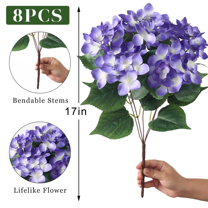 FOTEEWL 8 Bundles Artificial Hydrangea Flowers for Outdoor Decor, Realistic Faux Silk Bouquets Sun-Resistant Fake Plants for Front Door Balcony Farmhouse Garden Home Spring Summer Decor (Purple) - Image 5