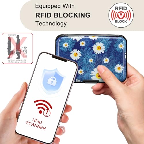 ELFISH Mini RFID Aluminum Wallet Credit Cards Holder Business Card Case Metal ID Case for Men Women(White Flower) - Image 2