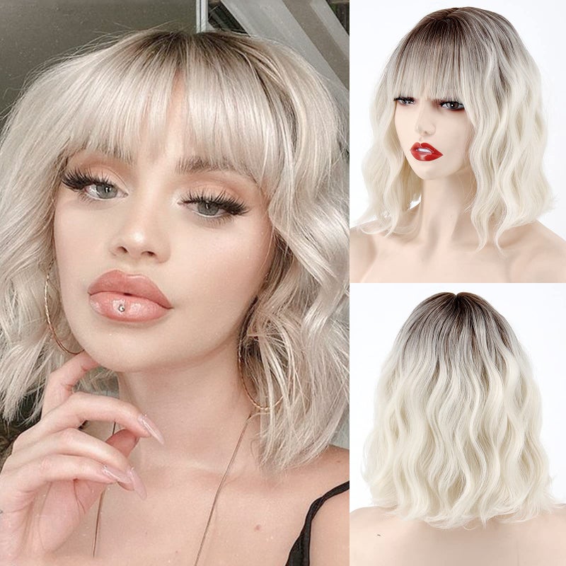 MISSQUEEN Short Platinum Blonde Wavy Wig with Bangs,Dark Roots Short White Blonde Wig for Women,Middle Part Cosplay blonde Wigs Natural Looking for Daily Use - Image 1