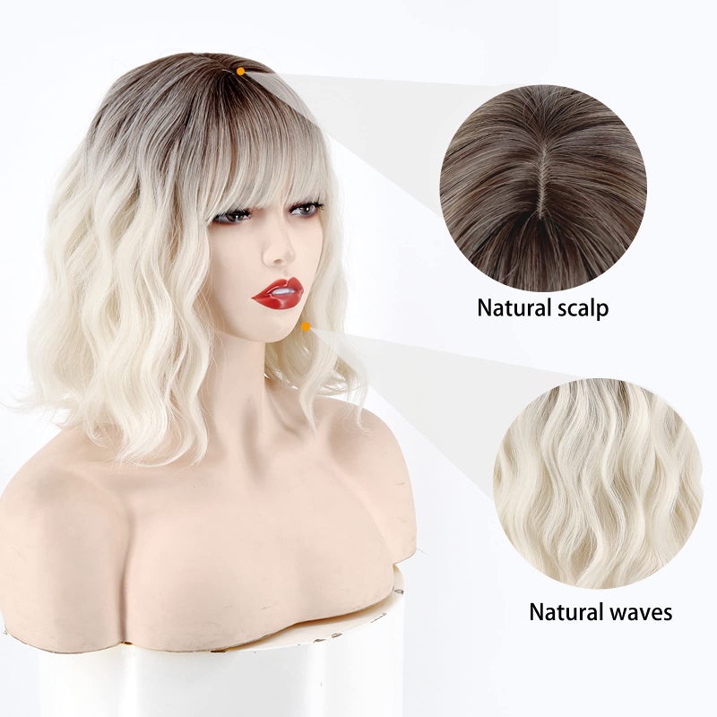 MISSQUEEN Short Platinum Blonde Wavy Wig with Bangs,Dark Roots Short White Blonde Wig for Women,Middle Part Cosplay blonde Wigs Natural Looking for Daily Use - Image 3