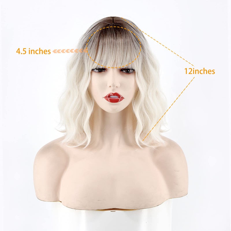 MISSQUEEN Short Platinum Blonde Wavy Wig with Bangs,Dark Roots Short White Blonde Wig for Women,Middle Part Cosplay blonde Wigs Natural Looking for Daily Use - Image 2