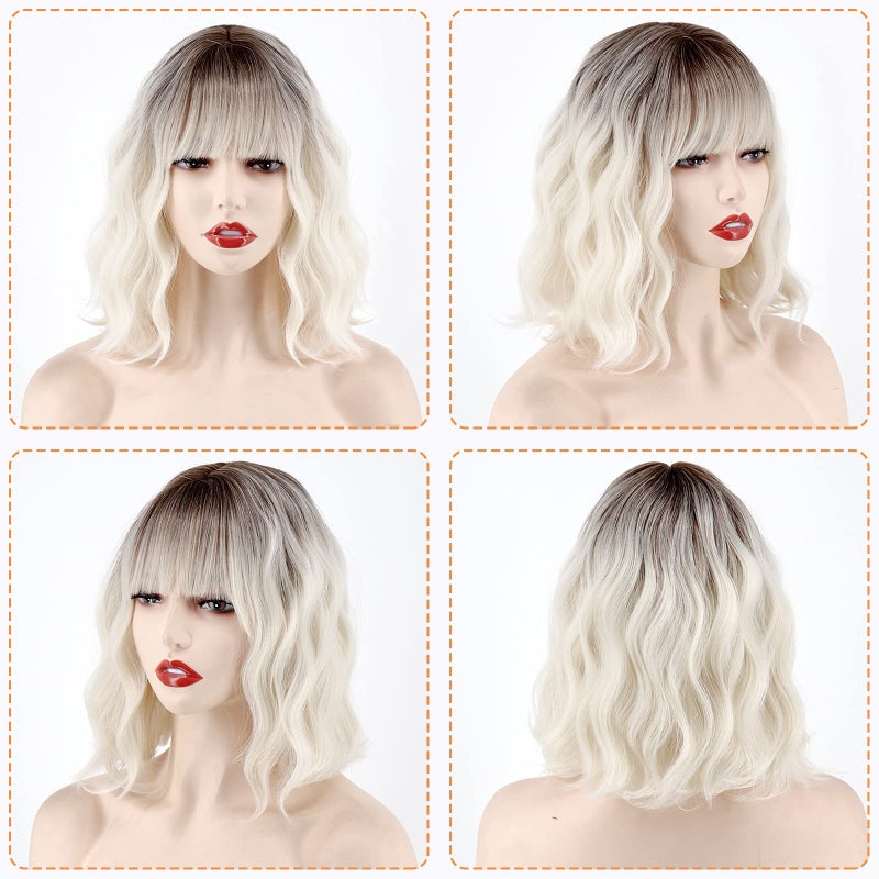 MISSQUEEN Short Platinum Blonde Wavy Wig with Bangs,Dark Roots Short White Blonde Wig for Women,Middle Part Cosplay blonde Wigs Natural Looking for Daily Use - Image 5