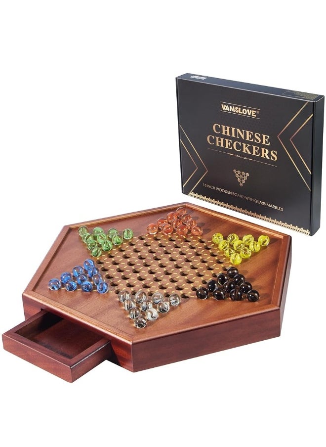 Vamslove Chinese Checkers 15" Large Upgraded Version Wooden Game Board, 16mm 60+12 Colorful Glass Marbles, Easy Grasping for Adults and Kids, w/Storage Drawer, Fun for Family Gathering  - Image 3