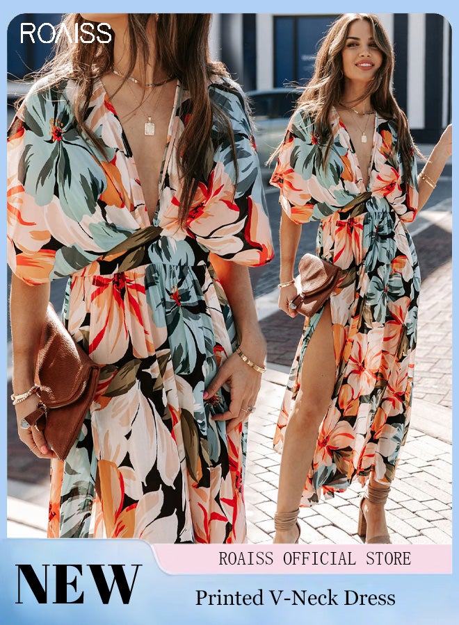 roaiss Fashion Printed Chiffon  A-Line Batwing Sleeve Dress Women's Daily Commuting Vacation V-Neck Short-Sleeved Dress Side Slit High Waist Dress for Ladies Elegant Temperament Casual  Solid Outfit  - Image 1