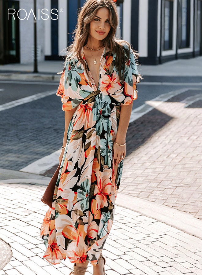 roaiss Fashion Printed Chiffon  A-Line Batwing Sleeve Dress Women's Daily Commuting Vacation V-Neck Short-Sleeved Dress Side Slit High Waist Dress for Ladies Elegant Temperament Casual  Solid Outfit  - Image 2