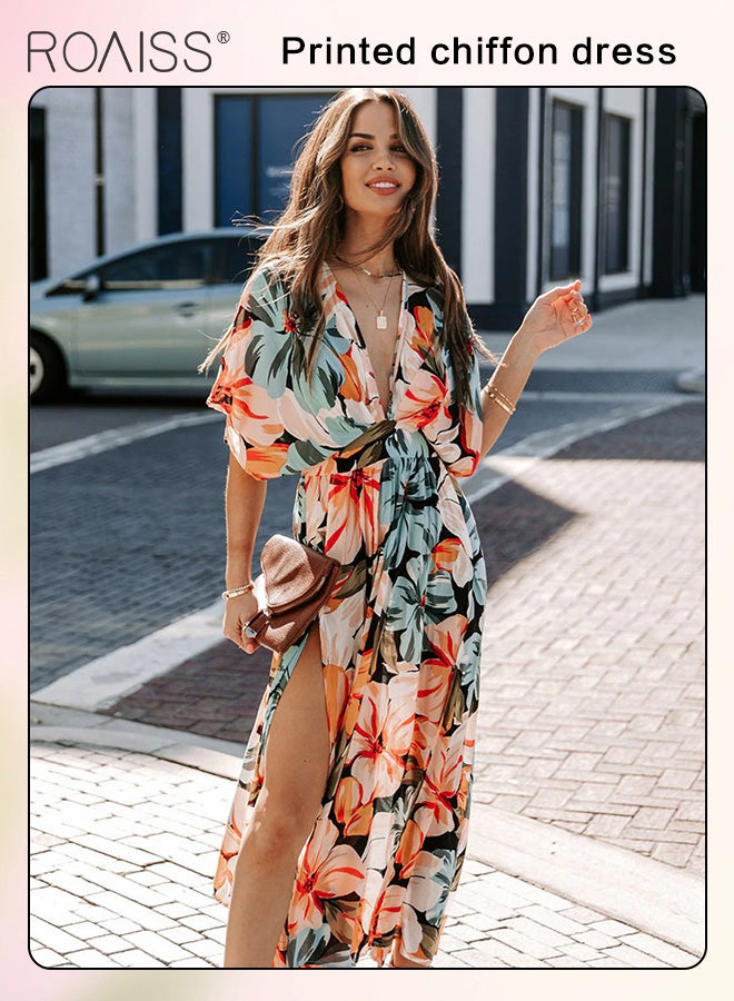 roaiss Fashion Printed Chiffon  A-Line Batwing Sleeve Dress Women's Daily Commuting Vacation V-Neck Short-Sleeved Dress Side Slit High Waist Dress for Ladies Elegant Temperament Casual  Solid Outfit  - Image 5