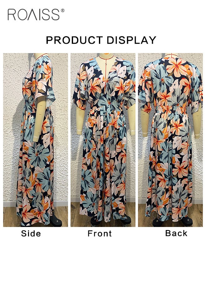 roaiss Fashion Printed Chiffon  A-Line Batwing Sleeve Dress Women's Daily Commuting Vacation V-Neck Short-Sleeved Dress Side Slit High Waist Dress for Ladies Elegant Temperament Casual  Solid Outfit  - Image 4