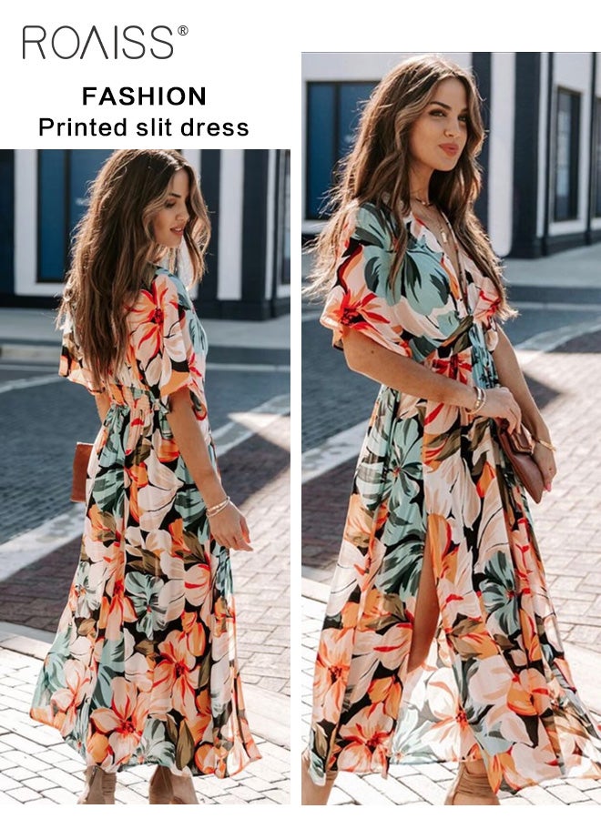 roaiss Fashion Printed Chiffon  A-Line Batwing Sleeve Dress Women's Daily Commuting Vacation V-Neck Short-Sleeved Dress Side Slit High Waist Dress for Ladies Elegant Temperament Casual  Solid Outfit  - Image 3