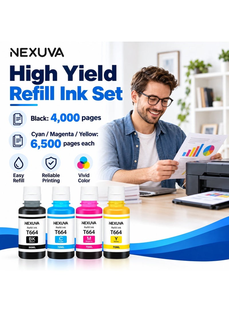 نيكسوفا طقم عبوات حبر تعبئة NEXUVA T664 متوافق مع طابعات Epson EcoTank، عبوة 4 ألوان أسود 90 مل وسماوي وأرجواني وأصفر 70 مل لكل لون، T6641 T6642 T6643 T6644 - Image 2