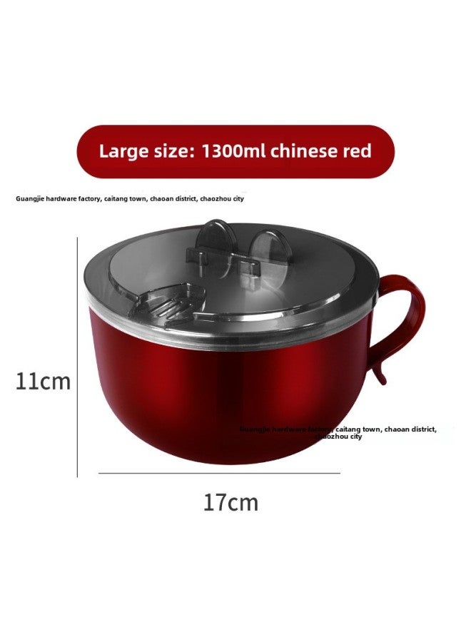 Stainless Steel Instant Noodle Cup Double-layer Anti-scalding Large Capacity Instant Noodle Bowl Student Dormitory With Lid Fast Food Cup Rice Bowl Lunch Box-Specifications:【201】1300ml Instant Noodle Cup-Color:Red  - Image 1
