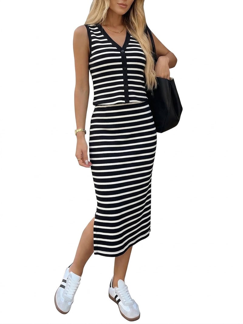 EXLURA Women's Cotton 2 Piece Skirt Set V Neck Faux Button Tank Tops Matching High Waist Midi Skirt Pockets Vacation Outfits - Image 1