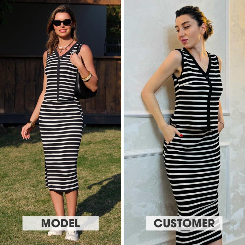 EXLURA Women's Cotton 2 Piece Skirt Set V Neck Faux Button Tank Tops Matching High Waist Midi Skirt Pockets Vacation Outfits - Image 2