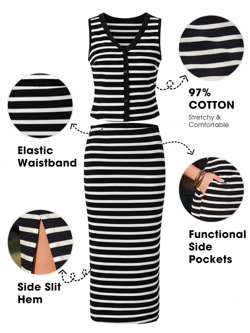 EXLURA Women's Cotton 2 Piece Skirt Set V Neck Faux Button Tank Tops Matching High Waist Midi Skirt Pockets Vacation Outfits - Image 5