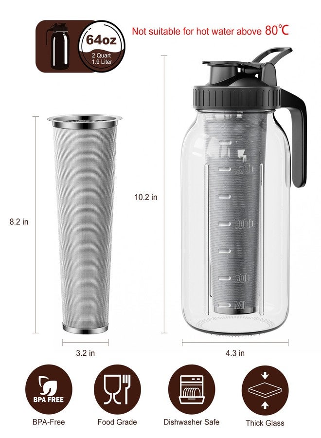 VA1KENE Cold Brew Coffee Maker 64oz, Iced Coffee Maker with 304 Stainless Steel Filter, Mason Jar Pitcher with Lid and Spout (Black) - Image 2