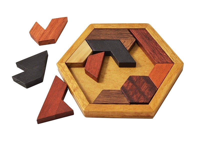 KINGZHUO Hexagon Tangram Puzzle Wooden Puzzle for Children and Adults Challenging Puzzles Wooden Brain Teasers Puzzle for Adults Puzzles Games Family Portable Puzzles Brain Games Tangrams for Adults - Image 1