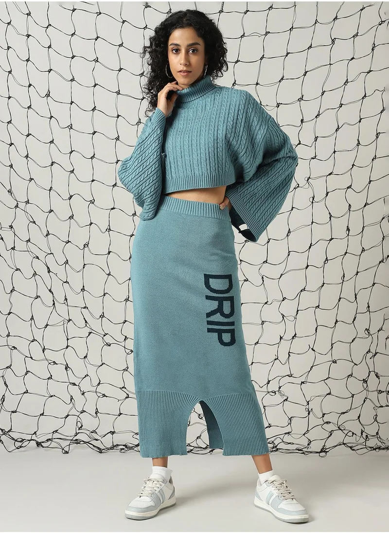 هوبرهولمي Women's Blue 100% Acrylic Solid Cropped Midi Bodycon Boxy Fit Co-Ords