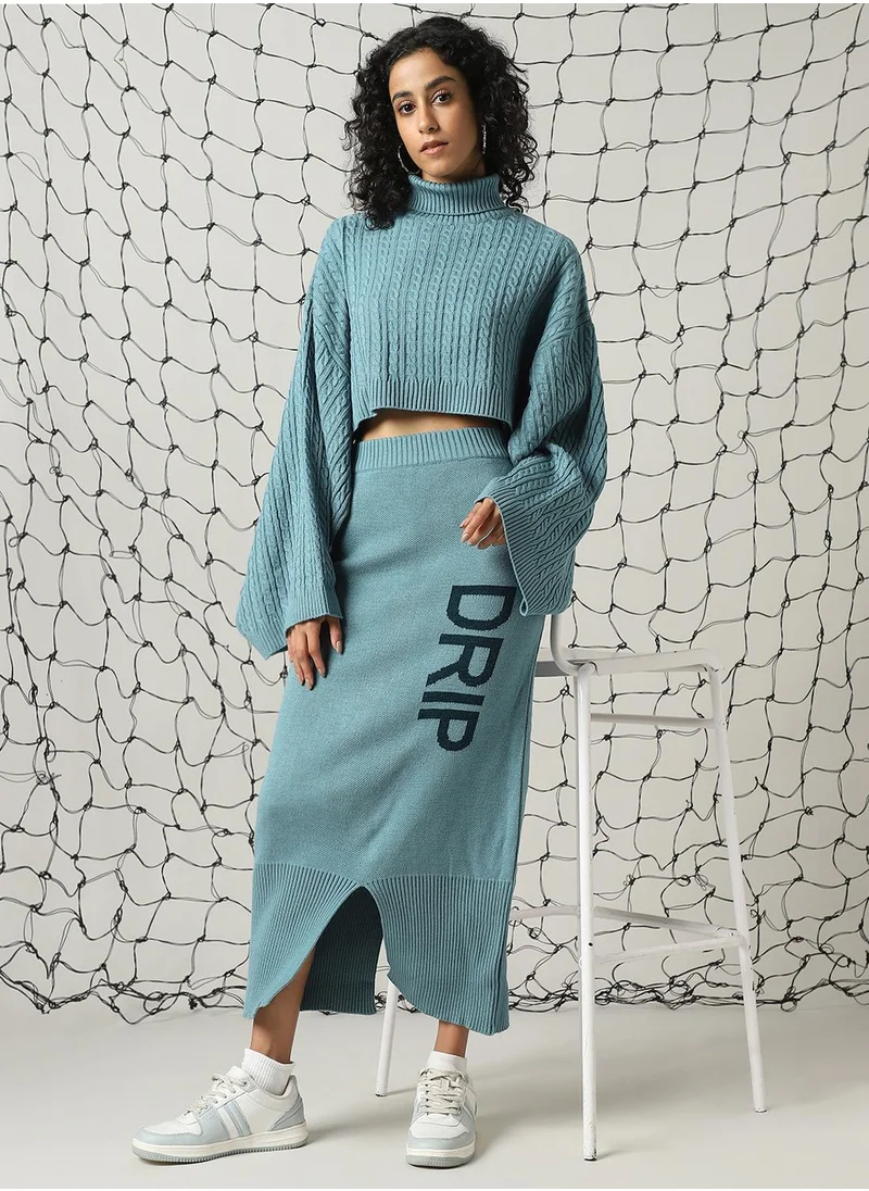 هوبرهولمي Women's Blue 100% Acrylic Solid Cropped Midi Bodycon Boxy Fit Co-Ords