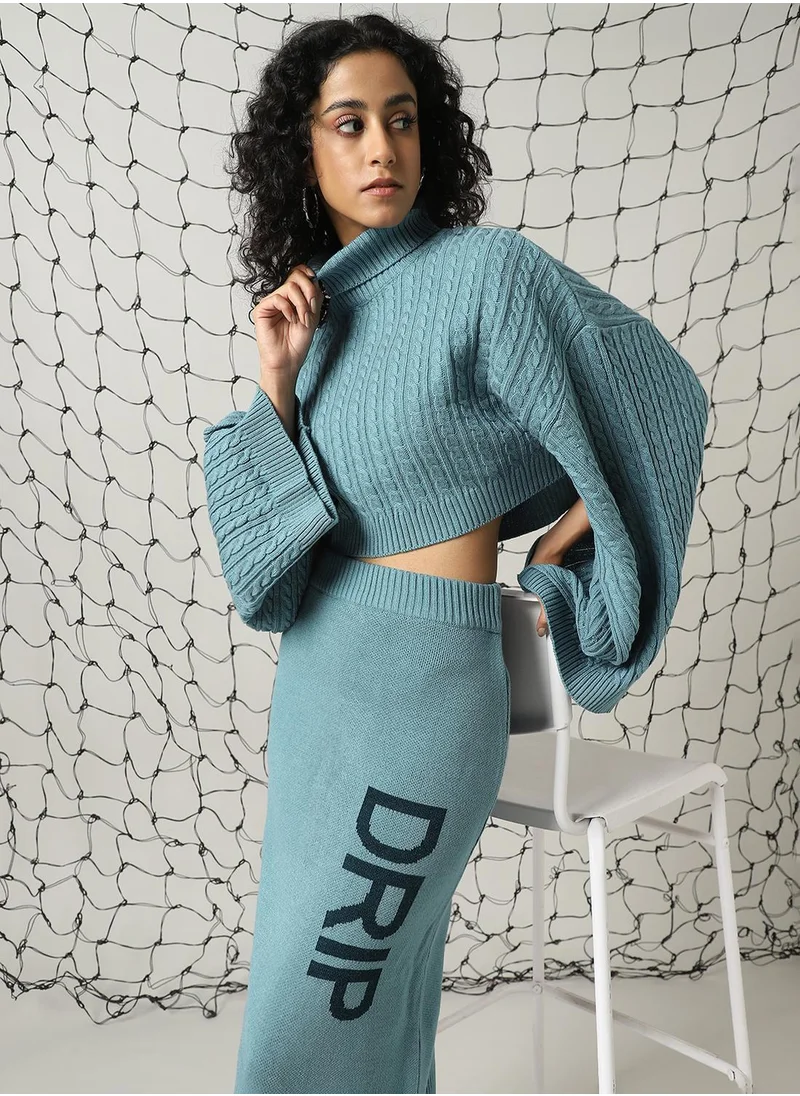 هوبرهولمي Women's Blue 100% Acrylic Solid Cropped Midi Bodycon Boxy Fit Co-Ords