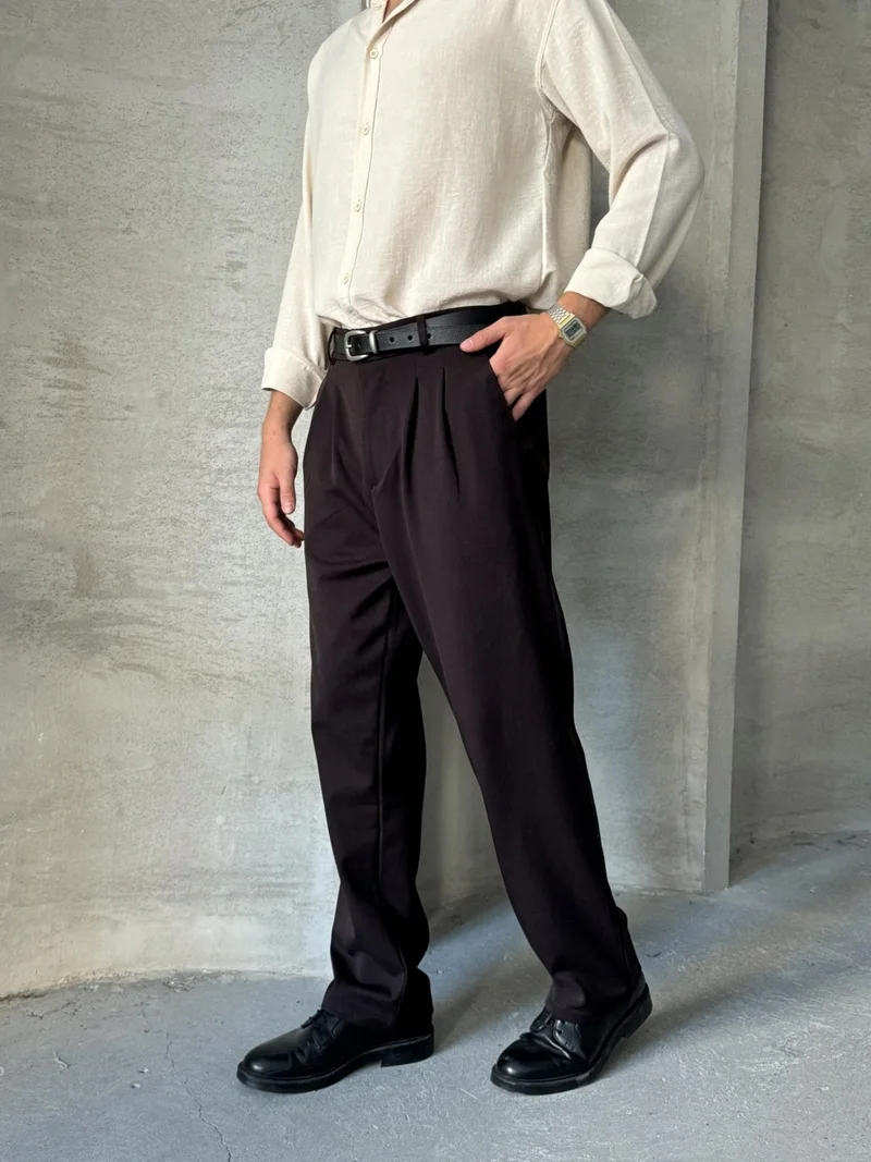 HYMAN Men's Pleated Baggy Pattern Fabric Trousers