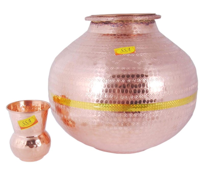 SHIV SHAKTI ARTS SHIV SHAKTI ARTS Pure Copper Matka Hammered Design Water Dispenser Container Pot with 1 Matka Glass Tumbler 15 litres Brown Set of 2 Pieces  - Image 1