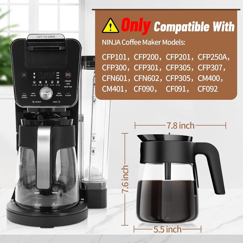 JYNTU 12 Cup Coffee Pot Replacement for Ninja Coffee Maker CFP101 CFP201 CFP301 CFN601 CFP250A CFP300 CFP307, Glass Carafe Replacement with Brew-Through Lid, Ninja Coffee Pot Replacement with Sturdy Handle - Image 2
