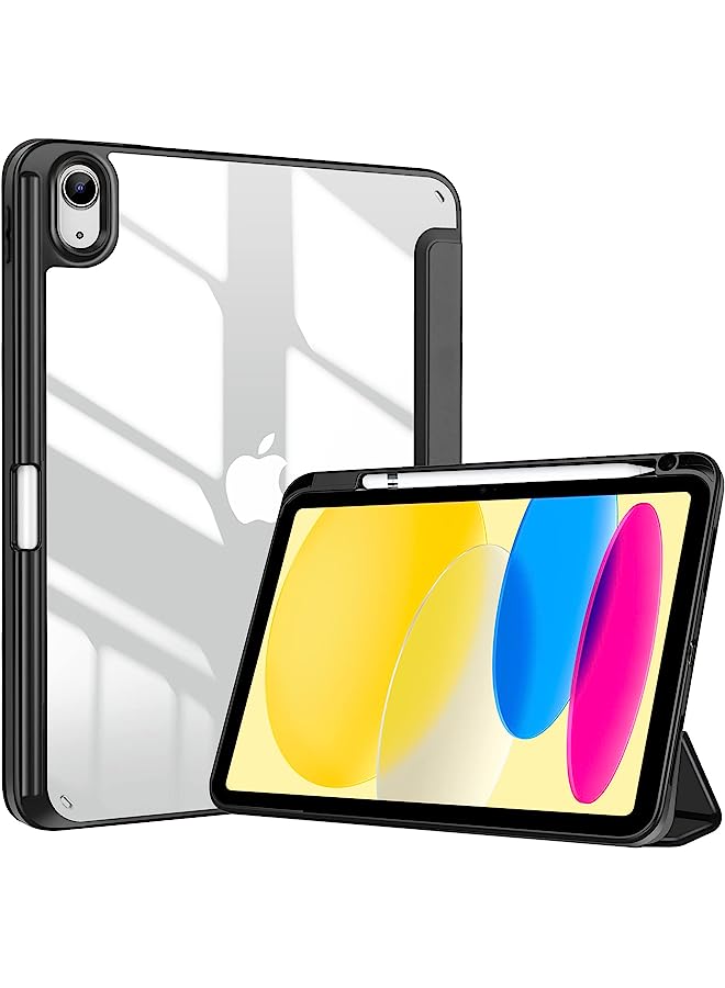 Pc-08363563 For 10Th Gen Case With Pencil Holder Clear Transparent Back Shell Trifold Protective Cases Shockproof Cover For 10Th Gen A2696 A2757 A2777 -Black, Ipad 10.9 2022