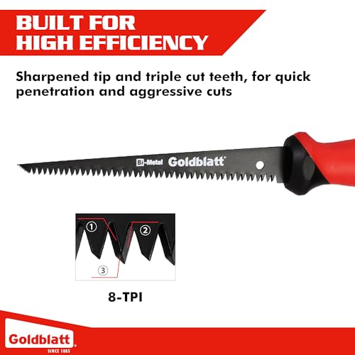 Goldblatt منشار جافيلت للجدران الجافة – منشار 6 بوصة، مناشير ثقب المفاتيح مع مقبض ناعم، منشار يدوي، قاطع لوح الجبس، قاطع لوح الجدران بشفرة ثنائية المعدن 8 TPI - Image 4