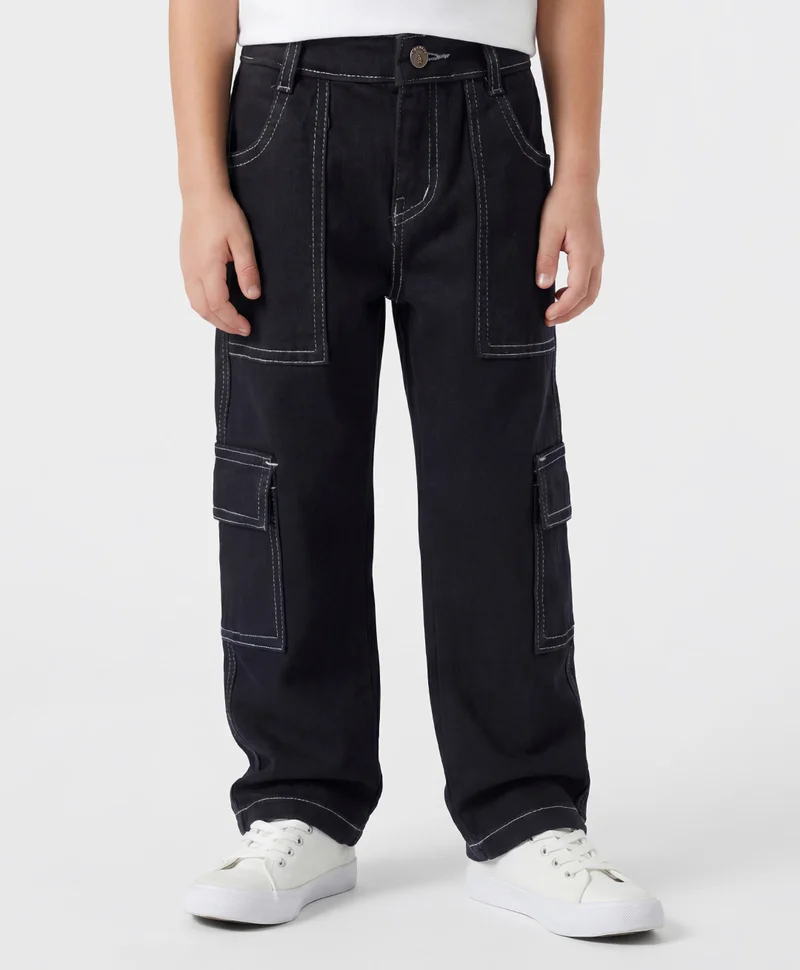 Pine Kids Pine Kids Denim Woven Full Length Solid Jeans With Cargo Pockets - Black